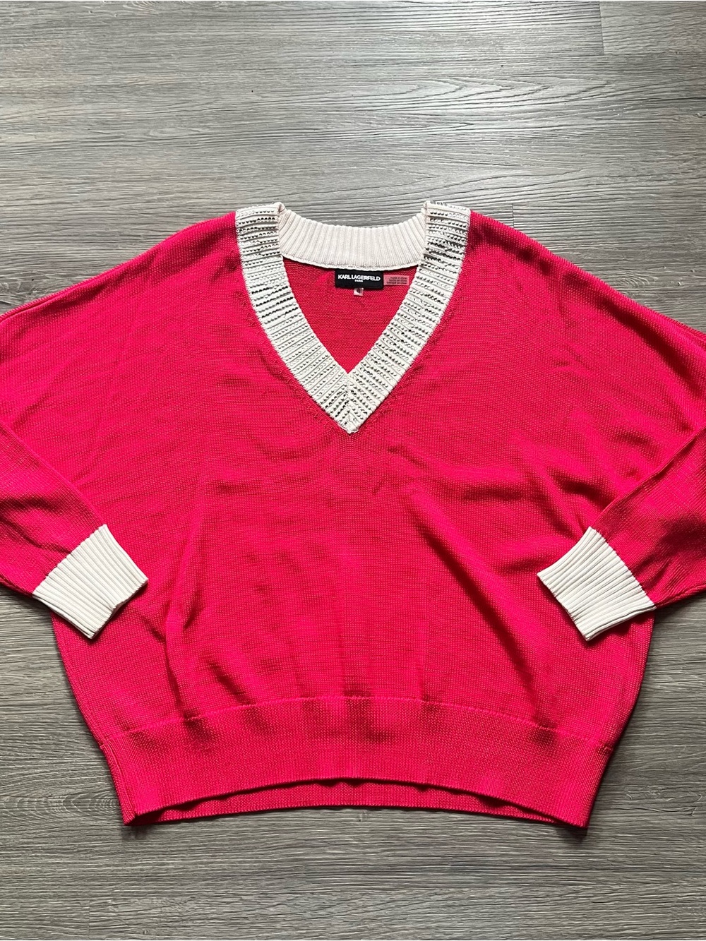 Karl Lagerfeld Pink V-Neck Sweater with White Rhinestone Trim